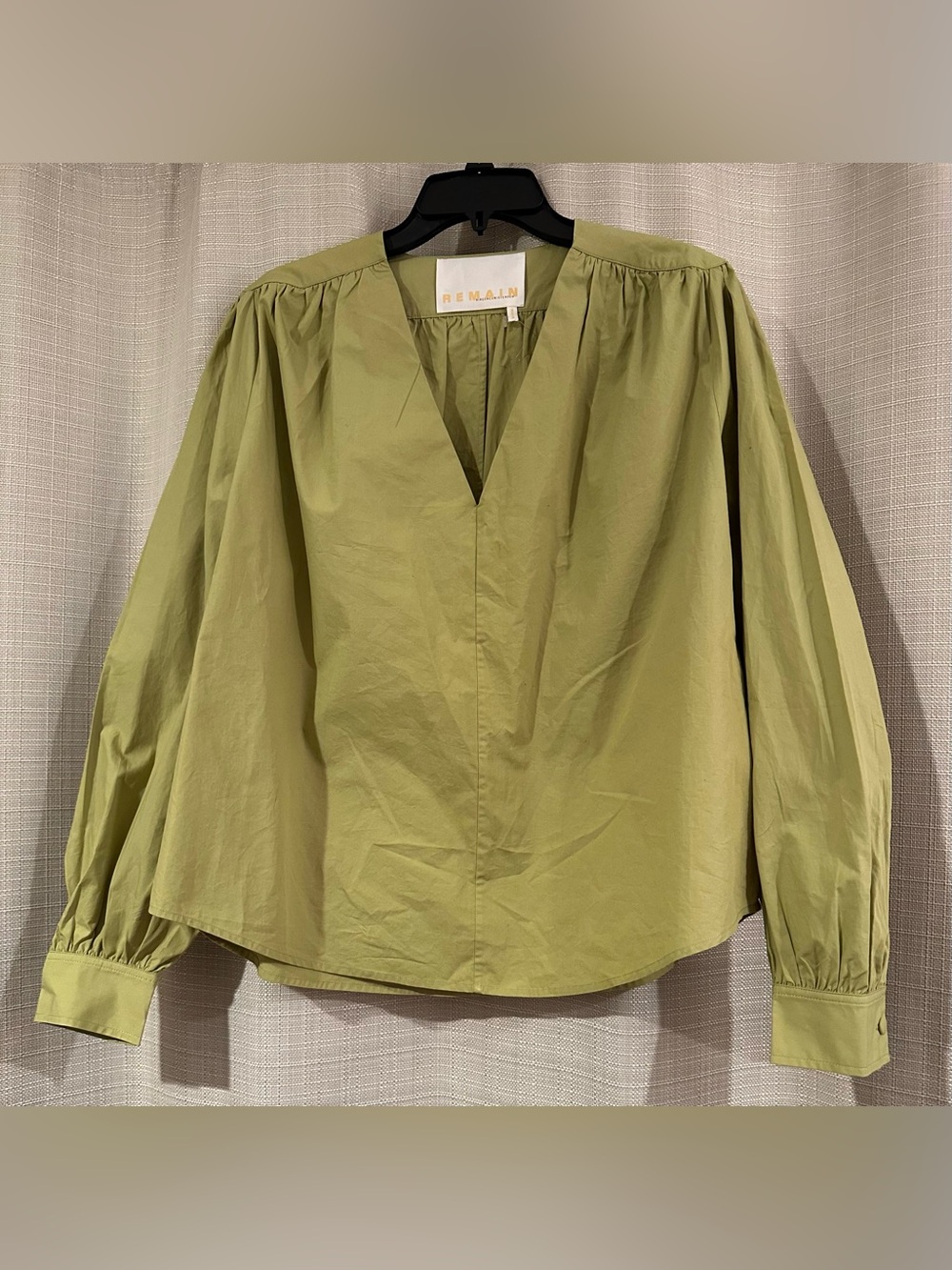 Remain Birger Christensen Olive Green V-Neck long Sleeve Blouse shirt size 10
